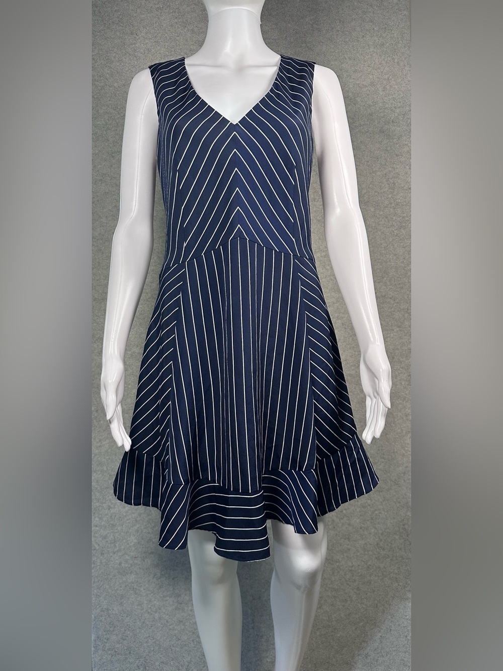 J. Crew Fit & Flare Navy Blue White Pinstripe Flounce Sleeveless Dress 4